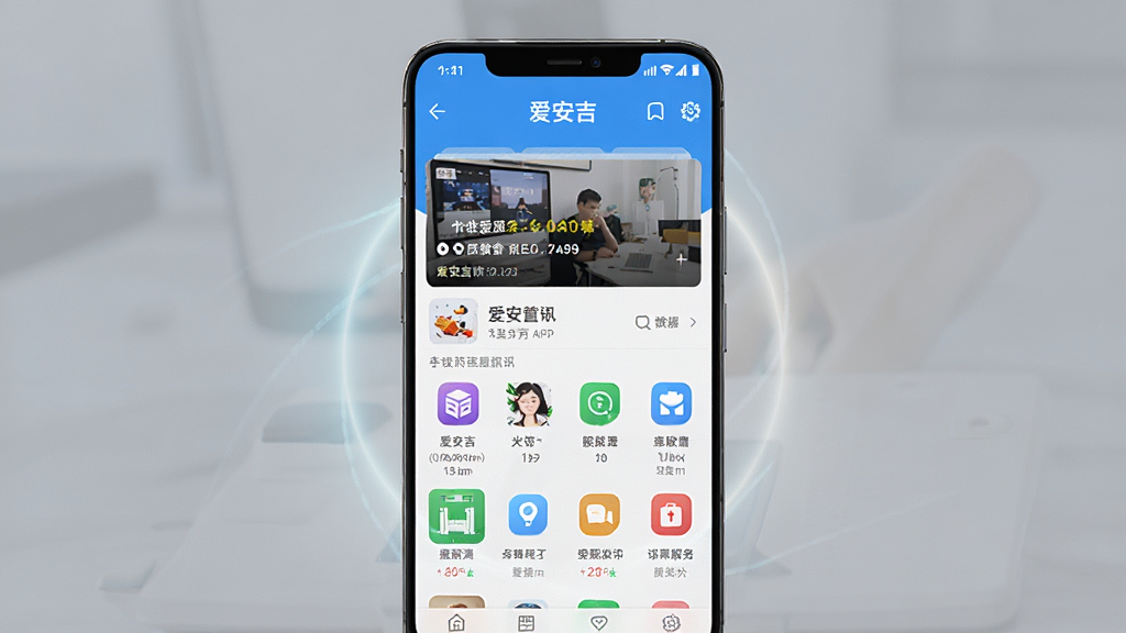 一张爱安吉APP在安卓手机上运行流畅的展示图,主体为手机屏幕显示爱安吉首页正常加载状态,布局为手机正面视角,屏幕内资讯和服务图标清晰可见,风格为产品演示风,细节上手机周围有轻微光效,画质高清,干净无多余元素