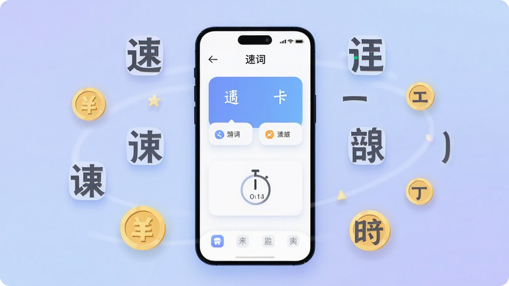 画面中央放置一部智能手机,屏幕显示“速词”应用主界面,界面上有词汇卡片和计时器元素。手机周围环绕着漂浮的汉字偏旁部首和金色硬币图标,背景为柔和的蓝紫渐变。整体采用扁平化插画风格,细节包括圆角图标和微光阴影,画质清晰,干净简洁,无多余元素。