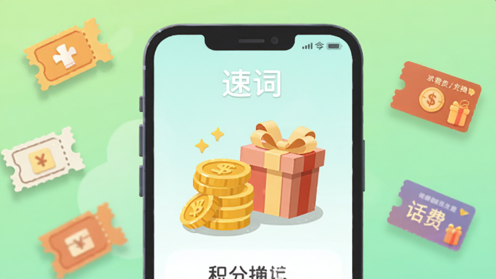 画面展示“速词”应用内的积分兑换页面,手机屏幕上有金币堆叠的图标和礼品盒。背景是浅绿色渐变,周围漂浮着优惠券和话费充值卡的小图标。采用卡通扁平风格,细节有柔和的投影和圆润的边角,画质清晰,干净无多余元素。