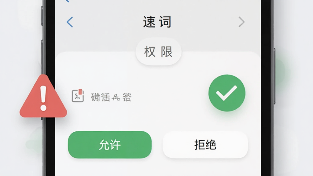 一部手机显示“速词”的权限设置界面,旁边有红色警示标志和绿色对勾图标。背景为浅灰色,画面中有“允许”“拒绝”的按钮元素。采用简洁的扁平化信息图风格,细节包括清晰的图标和柔和的阴影,画质清晰,干净无多余元素。