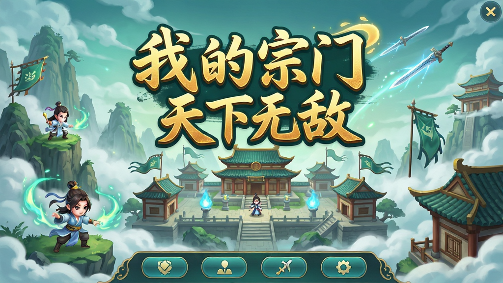 一幅国风仙侠风格的游戏主界面场景,画面中央矗立着