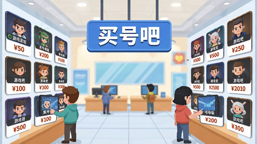 画面展示一个虚拟的游戏账号交易市场场景,中央是