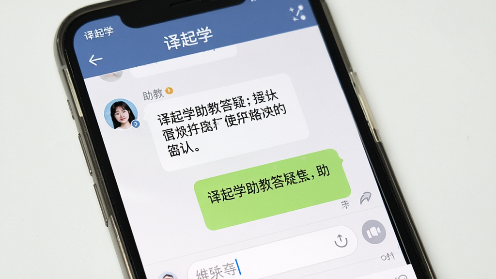一张展示译起学助教答疑界面的图片,主体为手机屏幕显示聊天式问答窗口与用户头像,布局为左右气泡对话形式,排版自然,风格为社交聊天类界面,细节包括“译起学”标题栏、助教回复内容和输入框,画质清晰,画面干净,无多余元素