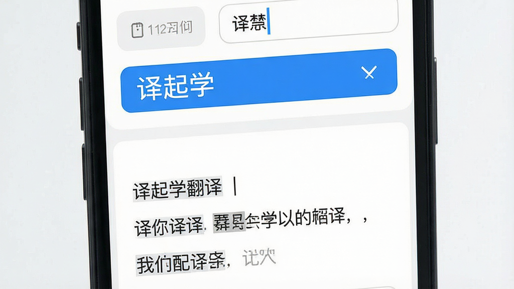 一张展示译起学翻译功能特写的图片,主体为手机屏幕显示翻译输入框与译文结果,布局为上下分栏,排版简洁,风格为扁平化设计,细节包括蓝色高亮按钮、清晰的文字“译起学”标识和例句展示区,画质清晰,画面干净,无多余元素