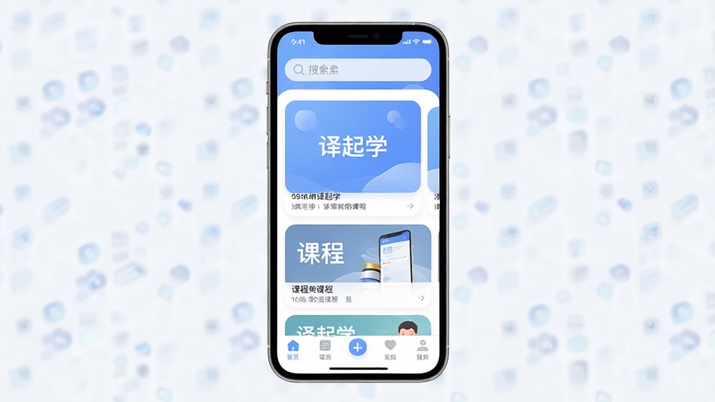 一张展示译起学手机应用界面的场景图,主体为一部竖屏智能手机,屏幕显示译起学APP首页,布局包含顶部搜索栏、中部课程卡片和底部导航栏,排版居中清晰,风格为现代简约科技风,细节包括柔和的蓝白配色、圆角图标和清晰的中文文字“译起学”,画质高清,画面干净,无多余元素