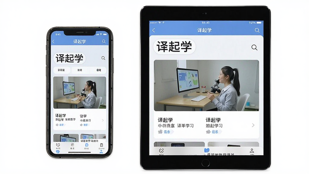 一张展示译起学在手机与平板双设备上运行的场景图,主体为一部手机和一台平板电脑并排摆放,屏幕均显示译起学学习界面,布局为左右对比,排版均衡,风格为数码产品展示风,细节包括清晰的“译起学”文字标识和课程画面,画质高清,画面干净,无多余元素
