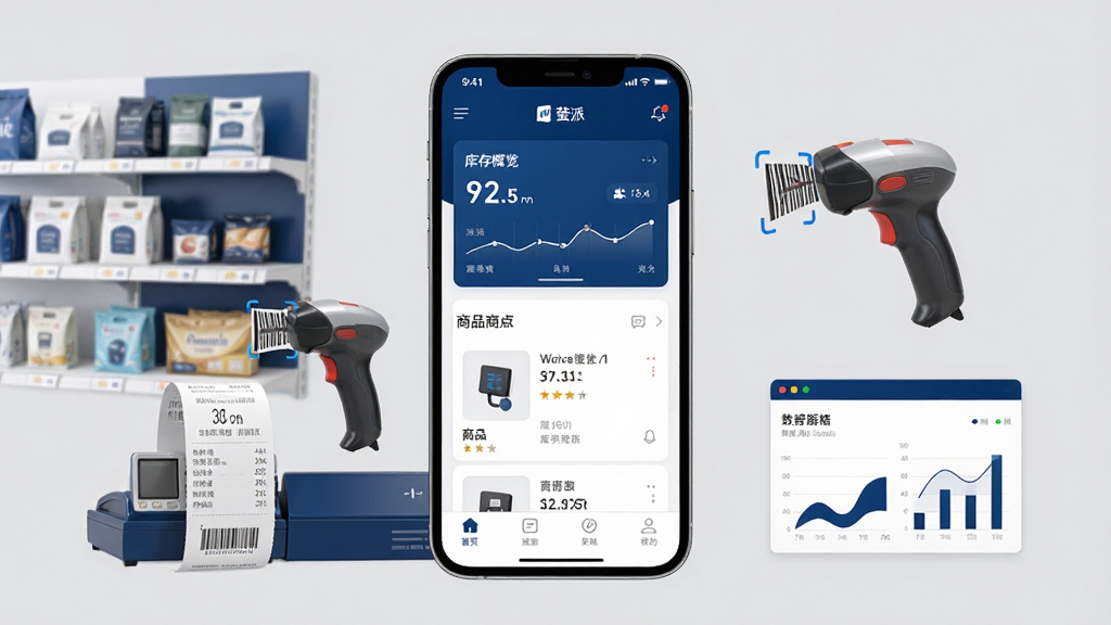 画面中央一部智能手机竖屏展示萤石派应用主界面,界面包含库存概览卡片、商品列表和底部导航栏,手机周围环绕着商品货架、扫码枪、收银小票和数据分析图表等零售经营元素,整体采用深蓝色与白色为主的科技商务风格,构图居中对称,排版干净整齐,细节清晰,画质高清,纯色浅灰背景,无多余装饰元素。
