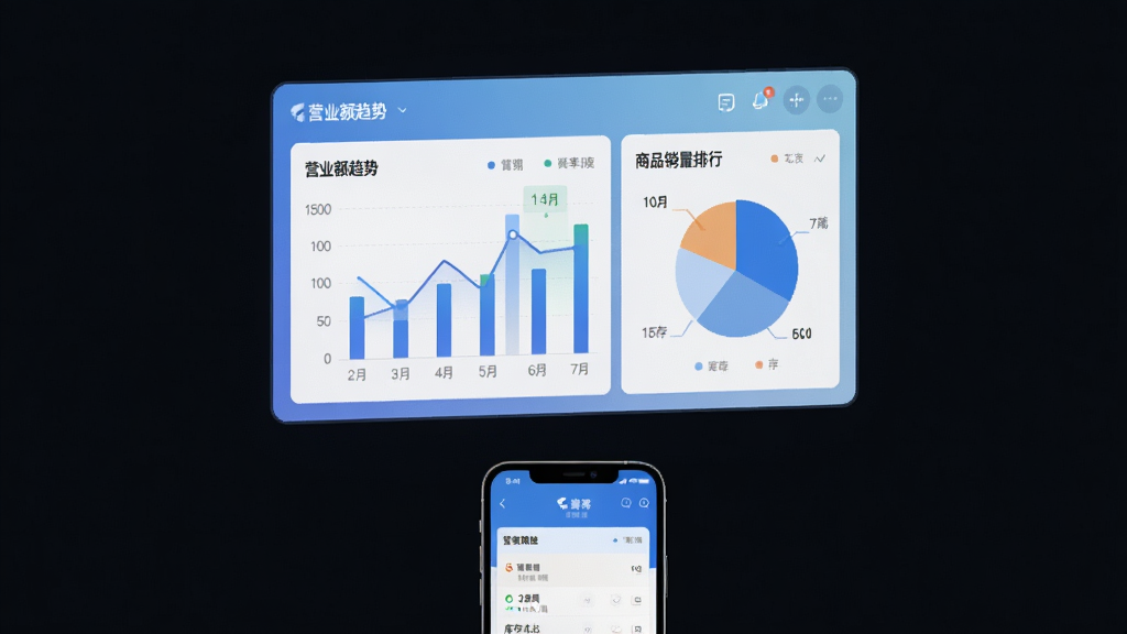 画面主体为一块悬浮的数字化经营数据看板,看板上显示柱状图、折线图和饼图,分别代表营业额趋势、商品销量排行和库存占比,看板下方有一部手机同步展示萤石派应用界面,整体布局上下分层,风格现代简约,配色以蓝白渐变为主,细节精致,画质清晰,干净背景,无杂乱元素。