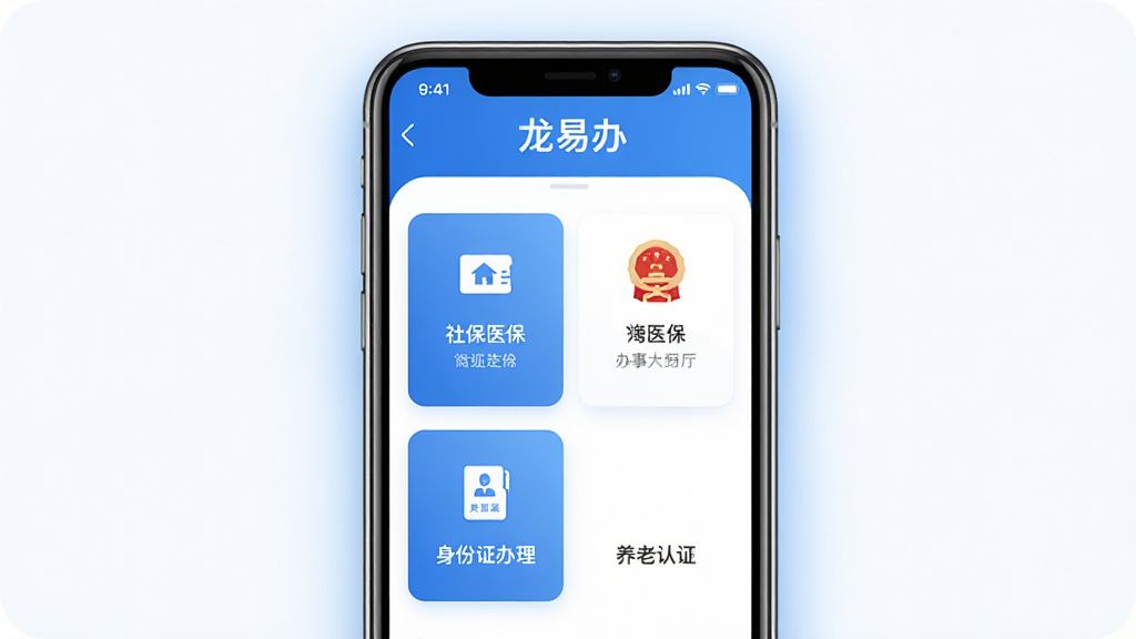 主体是龙易办手机应用界面展示,布局为居中竖向排列的智能手机屏幕,屏幕内显示政务办事大厅首页,包含社保、医保、养老认证、身份证办理等图标模块,排版简洁清晰,风格为现代扁平化政务蓝白配色,细节上屏幕周围有柔和的阴影和淡蓝色光晕,画质高清,干净无多余元素