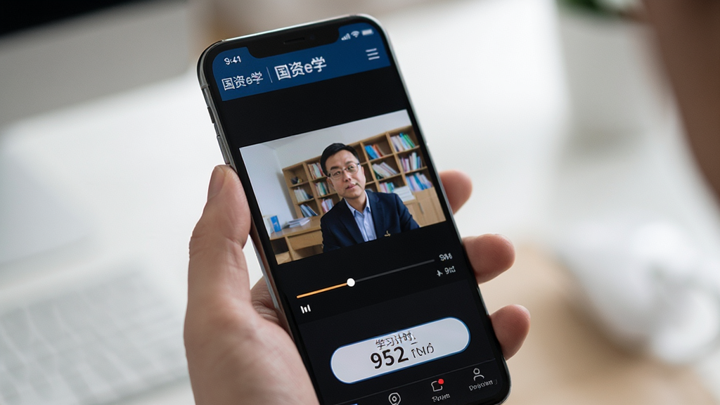 主体为“国资e学”移动端学习场景,布局为一只手拿着手机观看课程视频,排版为手机屏幕特写,风格为真实生活摄影风,细节包括手机屏幕中的视频播放界面、进度条、学习计时器,画质高清,干净,无多余元素