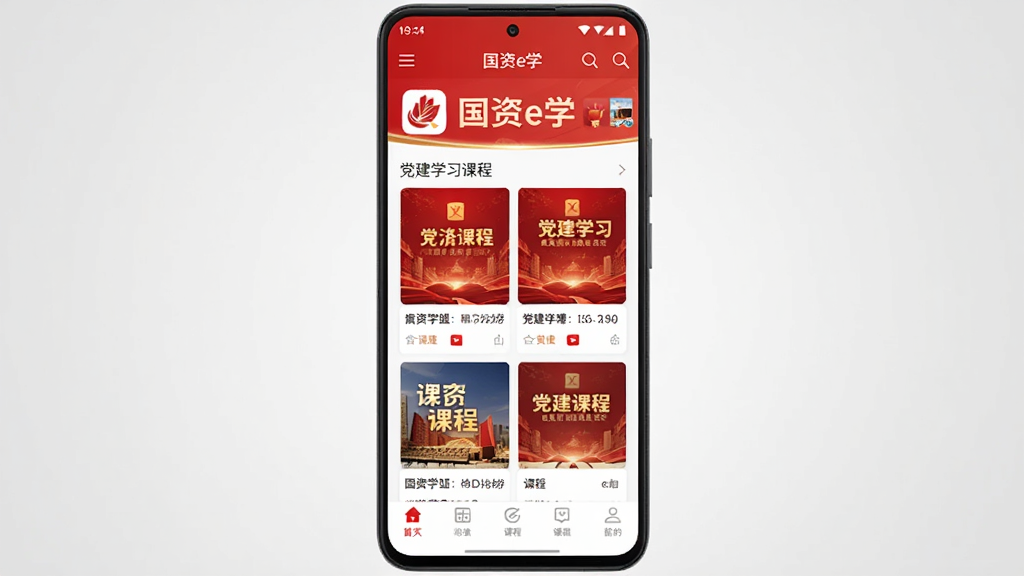主体为一部安卓手机,屏幕中显示“国资e学”应用界面,界面中有党建学习课程列表和红色主题配色,布局为手机居中放置,背景为简洁的浅灰色渐变,排版为竖版海报风格,风格为现代商务扁平化,细节包括应用图标、课程封面缩略图、底部导航栏,画质高清,干净,无多余元素