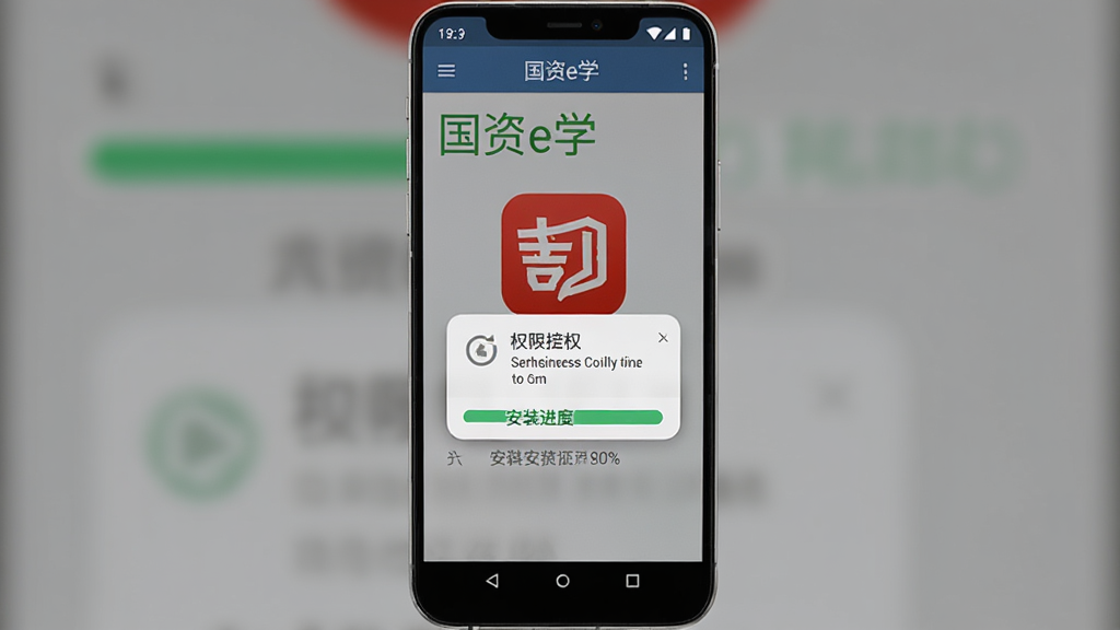 主体为“国资e学”安卓手机安装界面截图,布局为手机屏幕居中,排版为竖版展示,风格为简洁教程风,细节包括安装进度条、权限授权弹窗、红色应用图标,画质清晰,干净,无多余元素