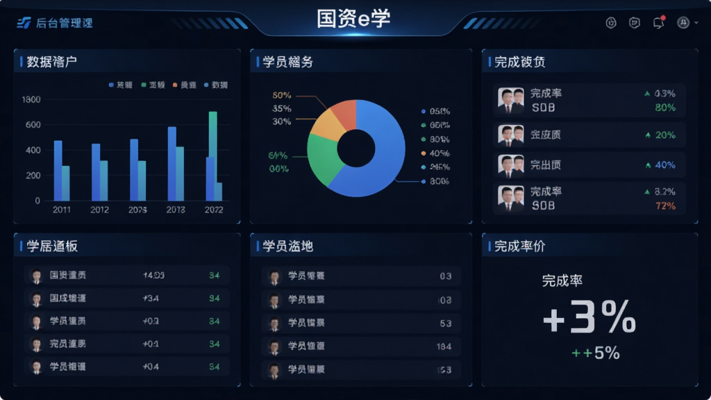 主体为“国资e学”后台管理数据看板,布局为仪表盘式数据展示,排版为多图表组合,风格为商务科技风,细节包括柱状图、饼图、学员列表、完成率百分比数字,画质高清,干净,无多余元素