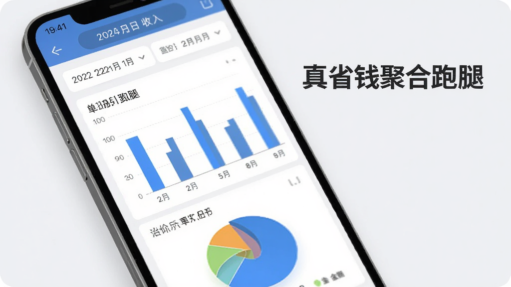 手机屏幕展示收入统计页面,包含柱状图与饼图,图表旁标注“真省钱聚合跑腿”字样,背景为白色与浅灰色搭配,界面简洁商务风格,细节有日期筛选与金额数字,画质清晰,无多余装饰元素