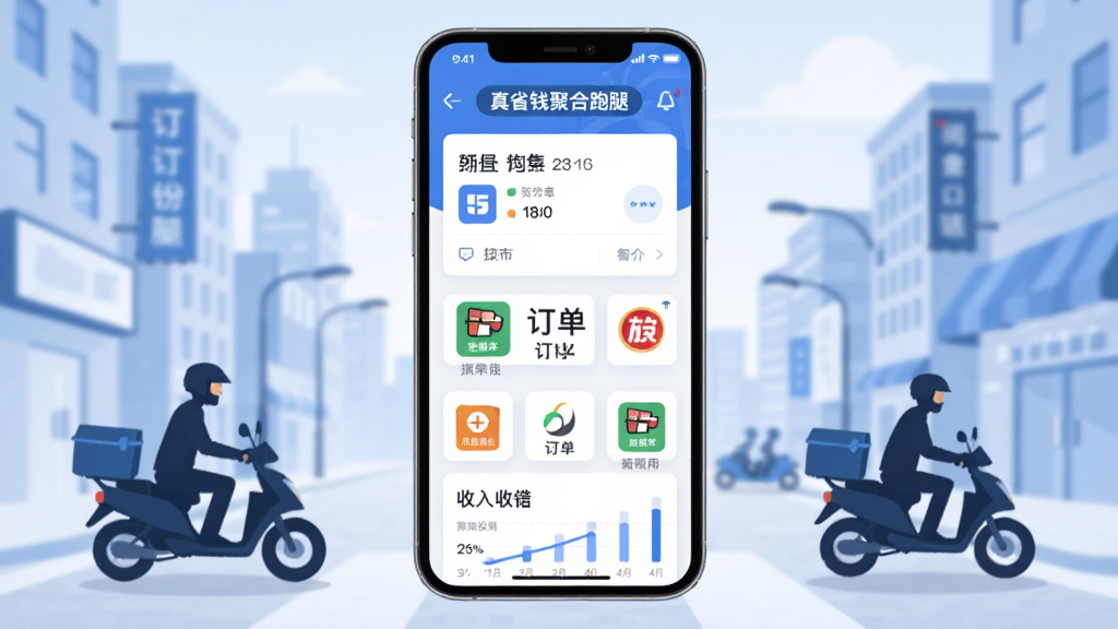 画面中央是一部智能手机,屏幕显示“真省钱聚合跑腿”应用主界面,界面中有多个配送平台图标聚合排列,背景是城市街道与骑手剪影,整体采用扁平化插画风格,配色以蓝白为主,画面干净清爽,细节包含订单卡片、收入统计图表,画质高清,无多余元素
