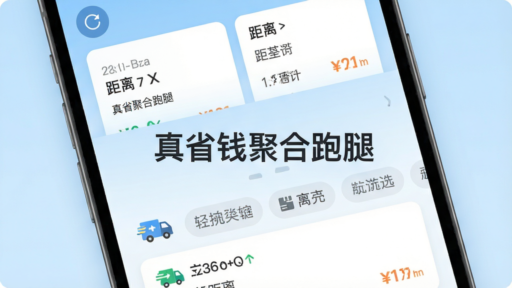 手机屏幕中多个配送平台订单卡片汇聚在同一列表界面,卡片上标注距离与价格,背景为浅蓝色渐变,画面中央有“真省钱聚合跑腿”文字标识,扁平化UI风格,布局清晰,细节包含刷新按钮与筛选标签,画质高清,干净无杂物