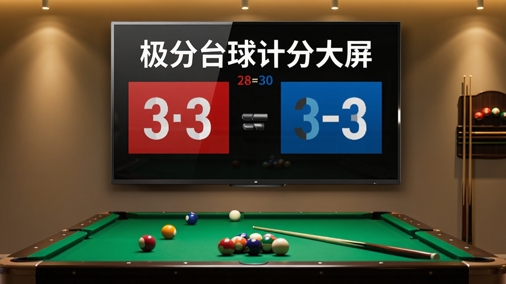 画面主体为一台横屏智能电视悬挂在台球室墙面,电视屏幕中央显示着大字比分“极分台球计分大屏”与红蓝双方分数,电视下方摆放着一张绿色台球桌,桌面上散落着彩球与球杆。布局采用居中对称构图,电视占画面上方三分之一,台球桌占下方三分之二。排版要求文字清晰醒目,风格为现代写实摄影,细节包括电视边框反光、台球桌绒布质感、室内暖色灯光。画质要求4K高清,画面干净,无多余装饰元素