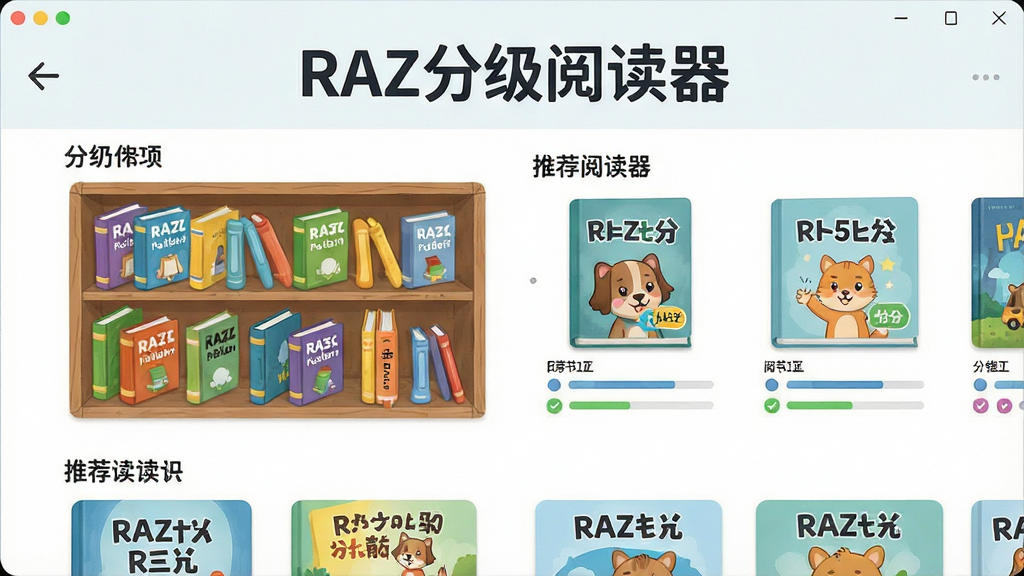 RAZ分级阅读器软件主界面全貌展示,画面中央为软件首页,顶部显示“RAZ分级阅读器”文字标识,下方排列分级阅读书架与推荐书单,整体布局清晰,风格清新卡通,细节包含书本图标、级别标签、阅读进度条,画质高清,干净无多余元素
