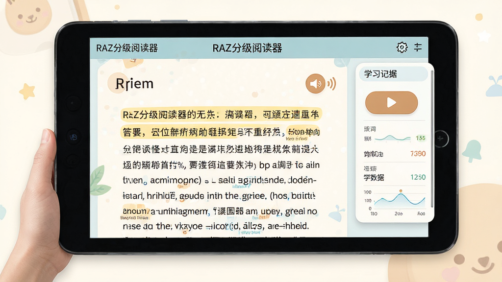 RAZ分级阅读器阅读辅助功能界面展示,画面中呈现“RAZ分级阅读器”软件内的阅读页面,包含文字高亮、朗读按钮、进度记录面板,布局以阅读内容为主体,风格柔和护眼,细节有生词标注、播放图标、学习数据,画质高清,干净无多余元素