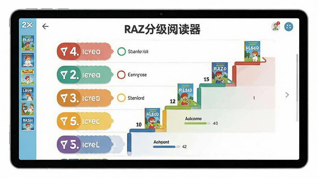 RAZ分级阅读器分级阅读体系界面展示,画面中包含多个阅读级别标签与阶梯式阅读路径,主体为“RAZ分级阅读器”软件界面,布局采用纵向分级排列,风格简洁明快,细节有级别数字、书本封面、进度标记,画质清晰,干净无多余元素