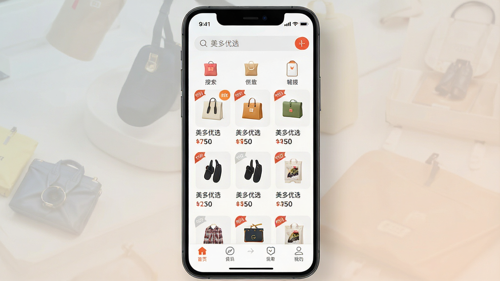 一张手机屏幕正面展示购物应用首页的图片,画面中央是