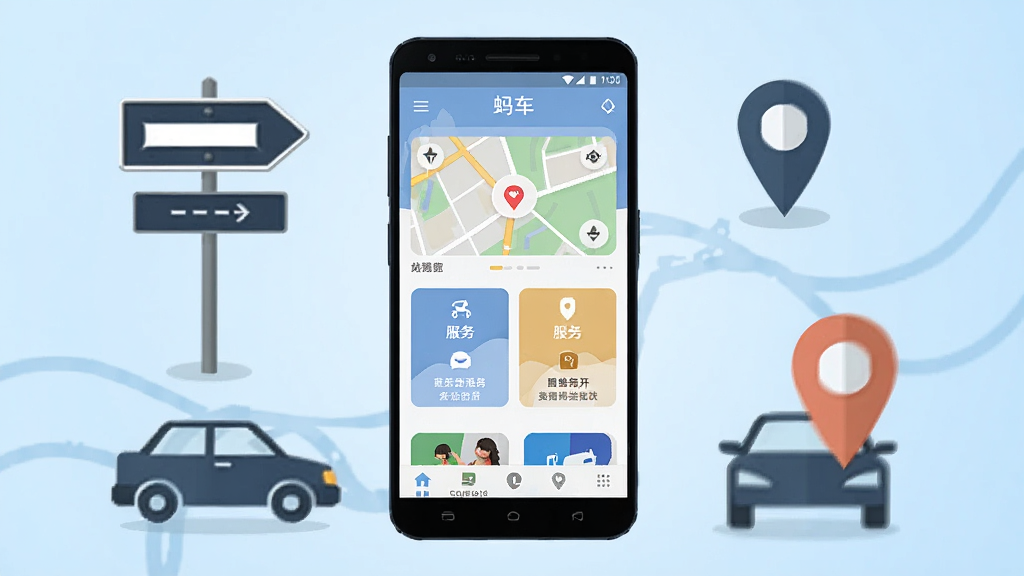 画面中央放置一部安卓手机,屏幕显示“蚂车”应用主界面,界面包含地图卡片、服务入口和底部导航栏,手机周围环绕简约出行元素如路标、汽车轮廓和定位图标,背景为浅蓝色渐变,整体采用扁平化UI风格,排版干净整齐,细节清晰,画质高清,无多余元素