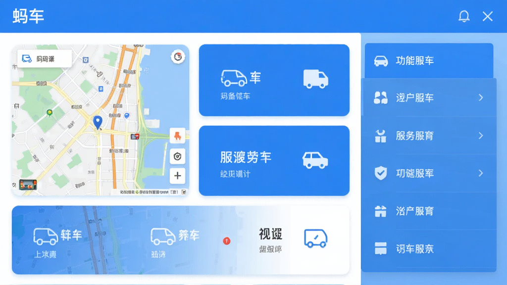 一张横向布局的应用界面截图,标题为“蚂车”,画面中展示多个服务卡片整齐排列,左侧为地图预览区,右侧为功能列表,整体配色以蓝白为主,风格简约现代,细节清晰,画质干净,无多余元素