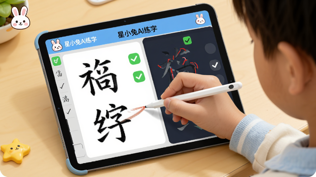 画面主体为一名小学生使用平板电脑配合手写笔在