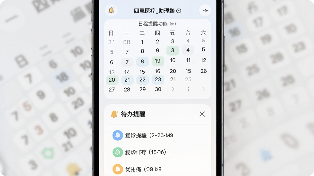 四惠医疗_助理端 日程提醒功能界面 主体为手机屏幕 显示日历视图和待办事项列表 包含复诊提醒条目 布局为上方月历 下方任务卡片 排版清晰 风格为柔和圆角设计 细节包括铃铛图标 时间标签 颜色区分优先级 画质高清 干净 无多余元素