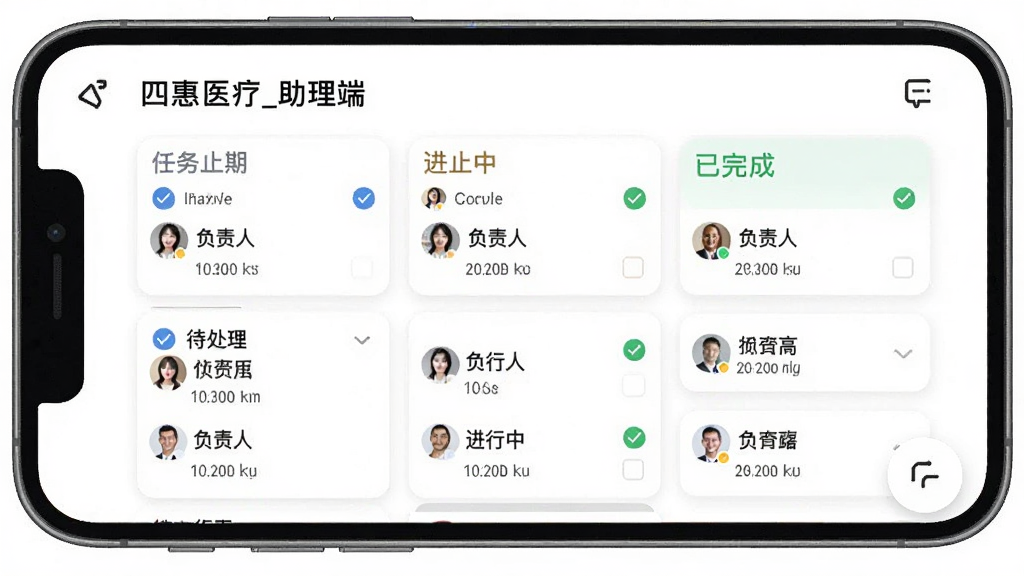 四惠医疗_助理端 任务协作面板 主体为手机屏幕 显示任务卡片列表 包含待处理 进行中 已完成三列看板 布局为横向滑动或纵向分组 排版有序 风格为简约商务风 细节包括勾选图标 负责人头像 截止日期 画质清晰 干净 无多余元素