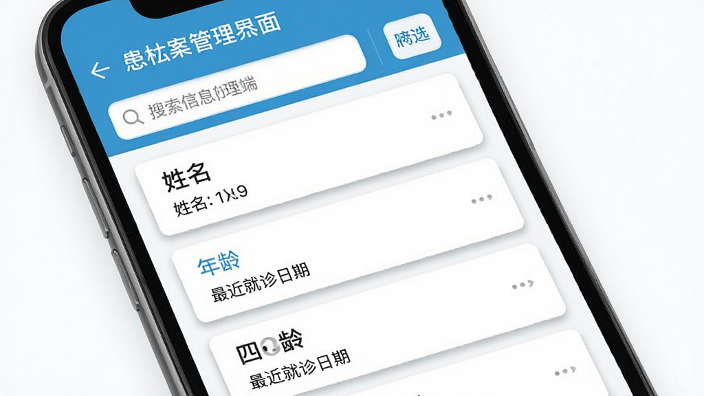 四惠医疗_助理端 患者档案管理界面 主体为手机屏幕特写 屏幕上展示患者信息卡片列表 包含姓名 年龄 最近就诊日期 布局为纵向滚动列表 排版整齐 风格为清新医疗蓝白配色 细节包括搜索框 筛选按钮 卡片阴影 画质清晰 干净 无多余元素