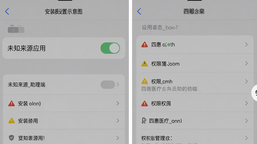 四惠医疗_助理端 安装权限设置示意图 主体为手机设置界面截图风格 展示未知来源应用安装开关和权限管理页面 布局为上下排列 排版直观 风格为扁平化灰色调 细节包括开关按钮 权限列表 警告图标 画质清晰 干净 无多余元素