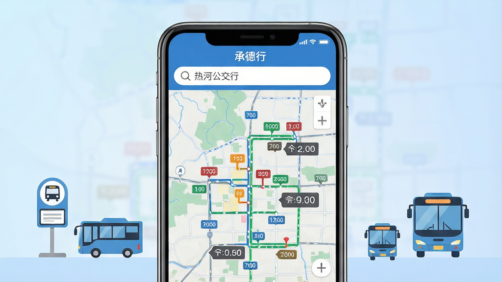 热河公交行软件主界面展示,画面中央为手机屏幕,屏幕内显示承德市区地图与多条公交线路实时位置,顶部有醒目的搜索栏,包含“热河公交行”文字标识,背景为淡蓝色渐变,主体手机两侧有微缩的公交站牌与行驶中的公交车图标,布局居中对称,风格为扁平化科技感,细节上包含清晰的路线数字与到站时间倒计时,画质高清,界面干净,无多余杂乱元素