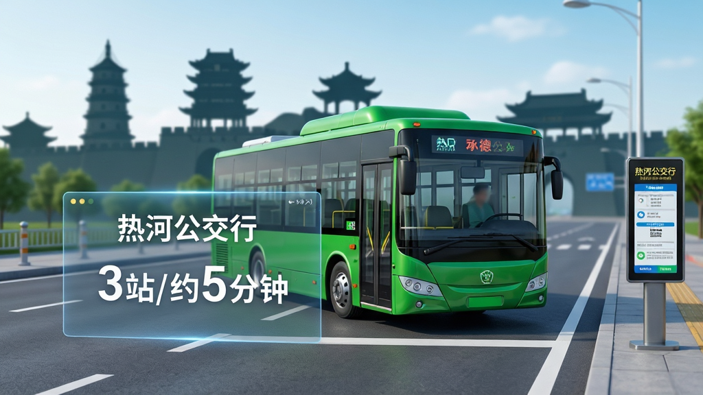 一幅展示“热河公交行”实时公交追踪功能的AI生图,主体为一辆行驶在城市道路上的绿色新能源公交车,背景为承德标志性建筑剪影,前景悬浮半透明的数字信息面板,面板上显示“热河公交行”字样及“3站/约5分钟”的倒计时数据,布局采用前后景深构图,风格为写实与数字科技融合,细节包含清晰的街道标线与路边的电子站牌,画质锐利,色彩明快,干净简洁