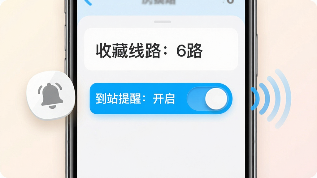 热河公交行到站提醒设置界面,主体为手机屏幕特写,屏幕上显示“收藏线路:6路”与“到站提醒:开启”的开关按钮,按钮呈亮蓝色,画面左侧悬浮一个铃铛图标,右侧有震动波纹特效,布局居中,风格为扁平化拟物结合,细节包含清晰的字体与开关滑块,画质干净,背景柔和,无多余元素