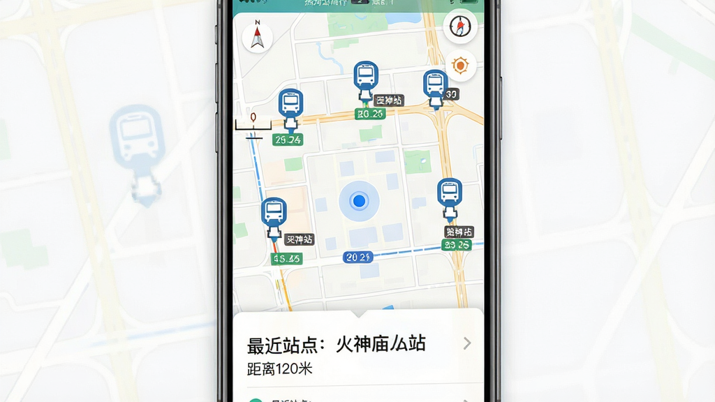 热河公交行周边站点检索功能展示,主体为手机界面显示地图模式,地图上散布着多个公交站牌图标,每个图标旁有线路数字标签,下方弹出列表显示“最近站点:火神庙站 距离120米”,布局采用全屏地图叠加底部卡片,风格为清新浅色地图风格,细节包含指北针、比例尺及定位蓝点,画质高清,界面干净,无多余标记