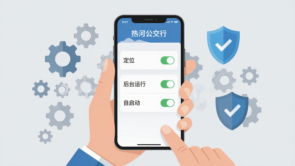 热河公交行移动端使用攻略示意图,主体为一双手持握智能手机,屏幕显示热河公交行权限设置界面,界面中包含定位、后台运行、自启动三个开关选项,布局以手机为中心,周围环绕齿轮与盾牌图标,风格为扁平化教程插画,细节包含清晰的开关状态与文字标注,画质干净,背景为浅灰色,无多余装饰