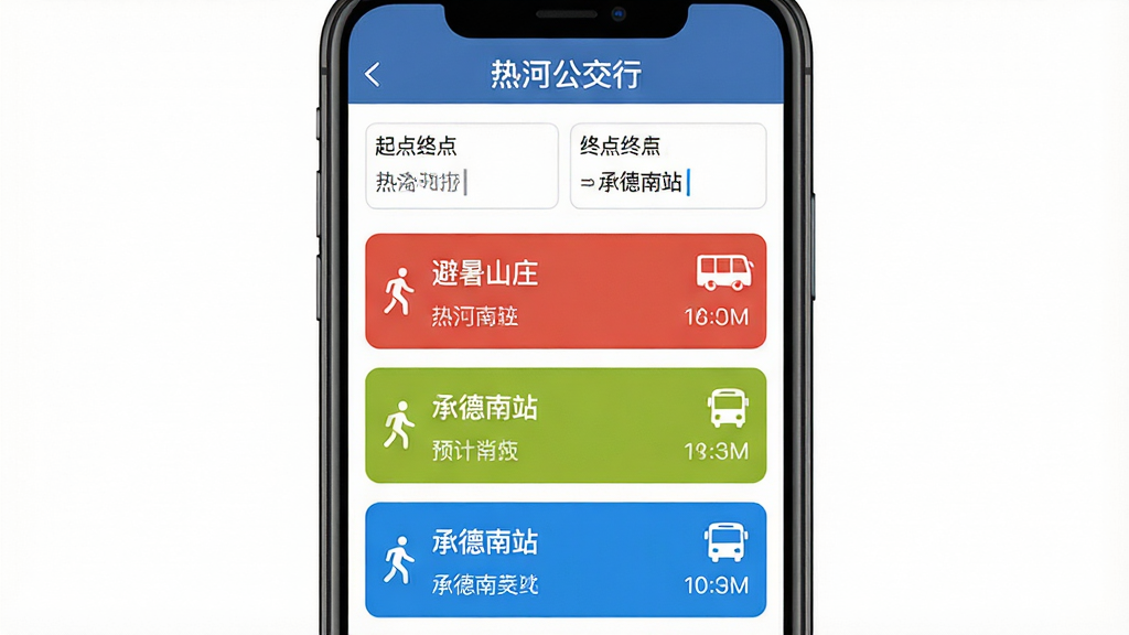 热河公交行智能换乘规划界面,主体为手机屏幕显示从“避暑山庄”到“承德南站”的换乘方案列表,布局为上下结构,屏幕上方是起点终点输入框,下方列出三条不同颜色的换乘路线卡片,风格为现代简约UI设计,细节包含步行小人图标、公交车辆图标及预计时间数字,画质清晰,背景为纯白,干净无广告,突出“热河公交行”顶部标题栏