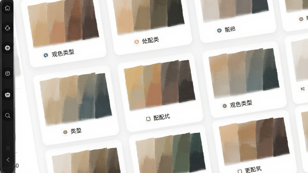 观色配色软件内展示多组色板卡片,每组色板下方标注配色类型,界面采用卡片式布局,背景为白色,风格清新简约,细节精致,画质干净,无多余元素