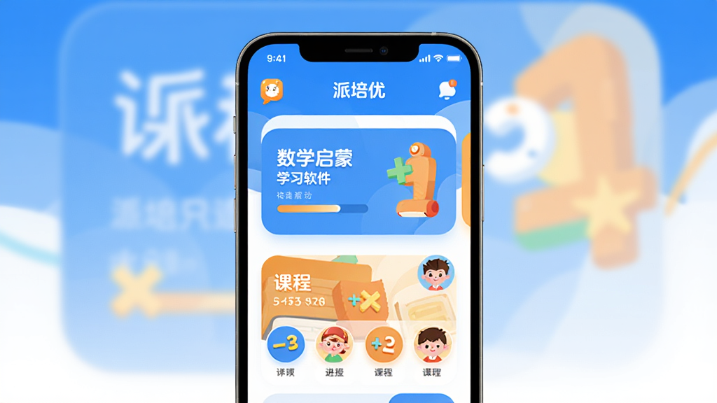 派培优数学启蒙学习软件主界面展示,主体为一部竖屏智能手机,屏幕中央显示派培优App的首页界面,包含课程卡片、卡通数学符号和明亮的蓝橙配色,布局简洁有序,排版采用居中构图,风格为现代教育类扁平插画,细节包括圆角图标、进度条和儿童头像元素,画质清晰干净,无多余元素。