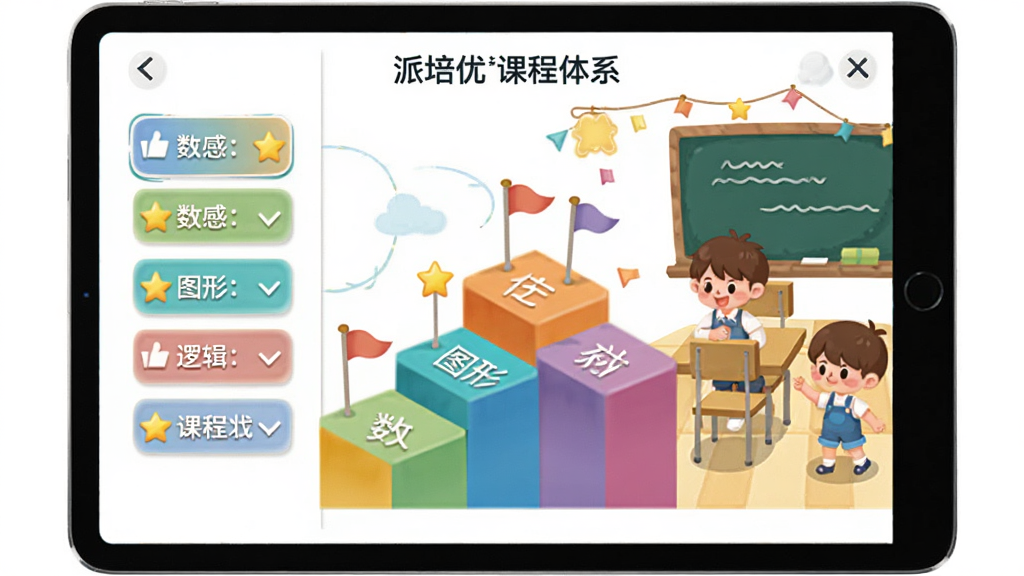 派培优课程体系界面展示,主体为平板电脑横屏画面,屏幕内呈现阶梯式课程地图,每一级台阶标注不同数学主题如数感、图形、逻辑等,布局为左右分栏左侧课程列表右侧卡通场景,排版清晰,风格为清新教育插画,细节包括彩色台阶、小旗帜和星星奖励图标,画质干净明亮,无多余元素。
