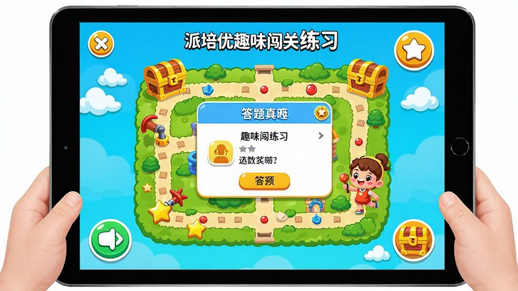派培优趣味闯关练习界面展示,主体为平板电脑屏幕,画面中显示卡通闯关地图和答题弹窗,布局为中央地图四周功能按钮,排版活泼,风格为儿童游戏化插画,细节包括星星奖励、宝箱和可爱角色,画质明亮干净,无多余元素。