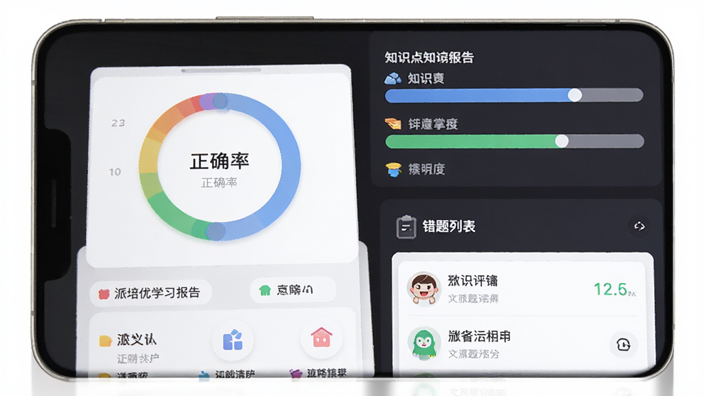 派培优学习报告界面展示,主体为手机屏幕,画面中显示环形正确率图表、知识点掌握度进度条和错题列表,布局为上下结构上方图表下方明细,排版简洁,风格为数据可视化扁平设计,细节包括彩色图表、小图标和文字标签,画质清晰干净,无多余元素。