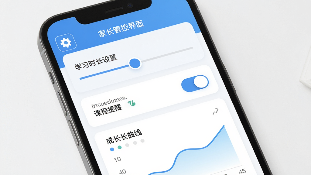 派培优家长管控界面展示,主体为手机屏幕,画面中显示学习时长设置滑块、课程提醒开关和成长曲线图,布局为上下分区上方设置项下方图表,排版清晰,风格为简约教育类界面,细节包括齿轮图标、开关按钮和曲线图,画质干净整洁,无多余元素。