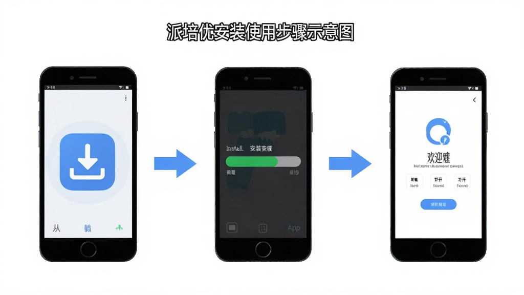 派培优安装使用步骤示意图,主体为手机屏幕,画面中显示从下载到安装再到打开App的流程箭头,布局为横向三步走,排版简洁,风格为扁平化教程插画,细节包括下载图标、安装进度条和欢迎界面,画质清晰干净,无多余元素。
