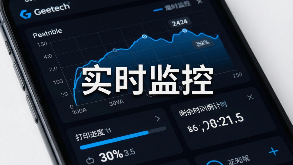 手机屏幕特写,显示Geeetech软件的实时监控界面,包含温度曲线图、打印进度百分比、剩余时间倒计时等数据面板,界面采用深色主题搭配蓝色高亮线条,布局为上下结构,上方为温度图表,下方为进度信息,风格为现代UI设计,细节上突出数字和曲线变化,画质高清,干净无多余元素,图片中打文字“实时监控”