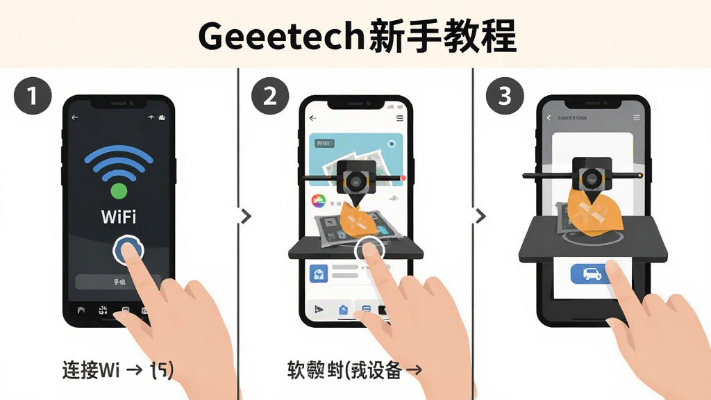 新手使用Geeetech软件的操作流程图解,画面分为三个步骤,第一步手机连接WiFi,第二步打开软件搜索设备,第三步点击打印按钮,每个步骤用数字标注,布局为横向三栏排列,风格为扁平化教程插画,细节上突出手机界面变化和操作手势,画质清晰,干净无多余元素,图片中打文字“Geeetech新手教程”