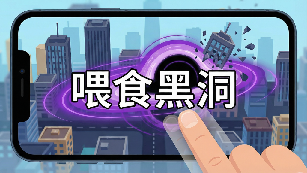 主体是一个手指正在滑动手机屏幕操控黑洞吞噬高楼,布局采用第一人称俯视视角,排版将手机屏幕界面与游戏内城市景观融合,风格为扁平化插画风,细节包括手指滑动留下的轨迹残影、黑洞边缘的紫色能量波纹以及高楼崩塌时的碎片飞溅效果,画质为矢量高清,画面干净简洁,屏幕中央用白色描边字体写着“喂食黑洞”