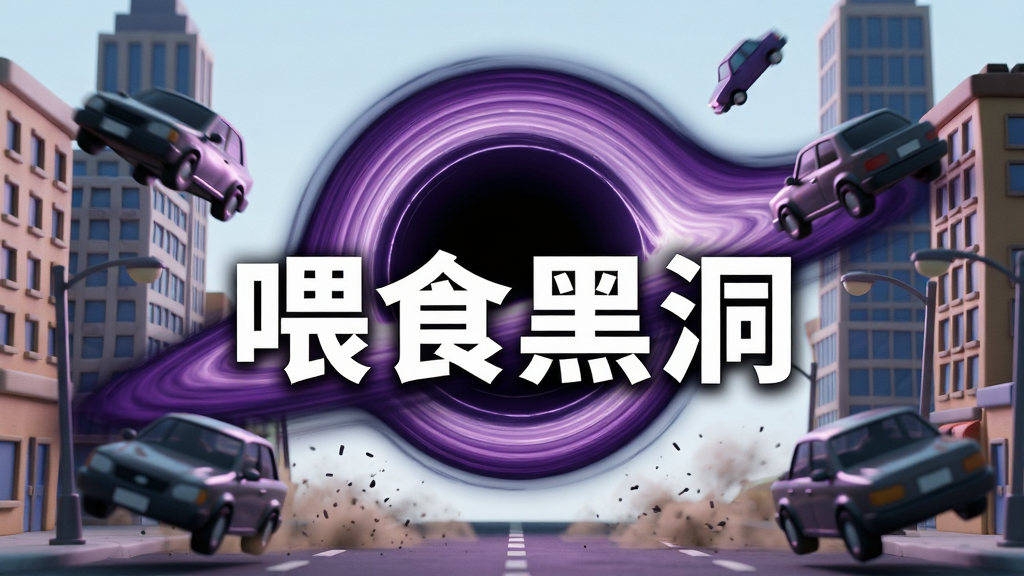 主体是一个深紫色的巨大黑洞悬浮在繁华城市街道中央,布局采用中心放射状构图,周围环绕着正在被引力拉扯的汽车、路灯和摩天大楼,排版突出黑洞的强吸力与物体的动态模糊效果,风格为3D卡通渲染写实风,细节包括黑洞边缘的引力扭曲光晕、被吞噬物体表面的反光质感以及地面扬起的灰尘颗粒,画质为4K超高清,整体画面干净无多余杂乱元素,图片正中央用白色粗体字标注“喂食黑洞”