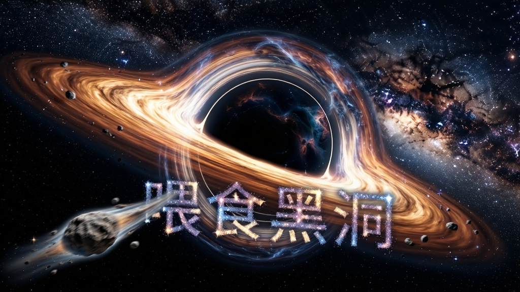 主体是一个布满璀璨星光的星空黑洞皮肤正在吞噬一颗小行星,布局采用特写镜头居中构图,排版突出黑洞表面的星云纹理与吸积盘光芒,风格为科幻唯美风,细节包括黑洞周围环绕的彩色星尘、被拉伸成面条状的小行星以及背景深处的银河旋臂,画质为8K超高清,画面干净通透,黑洞吸积盘上用星光拼出“喂食黑洞”字样